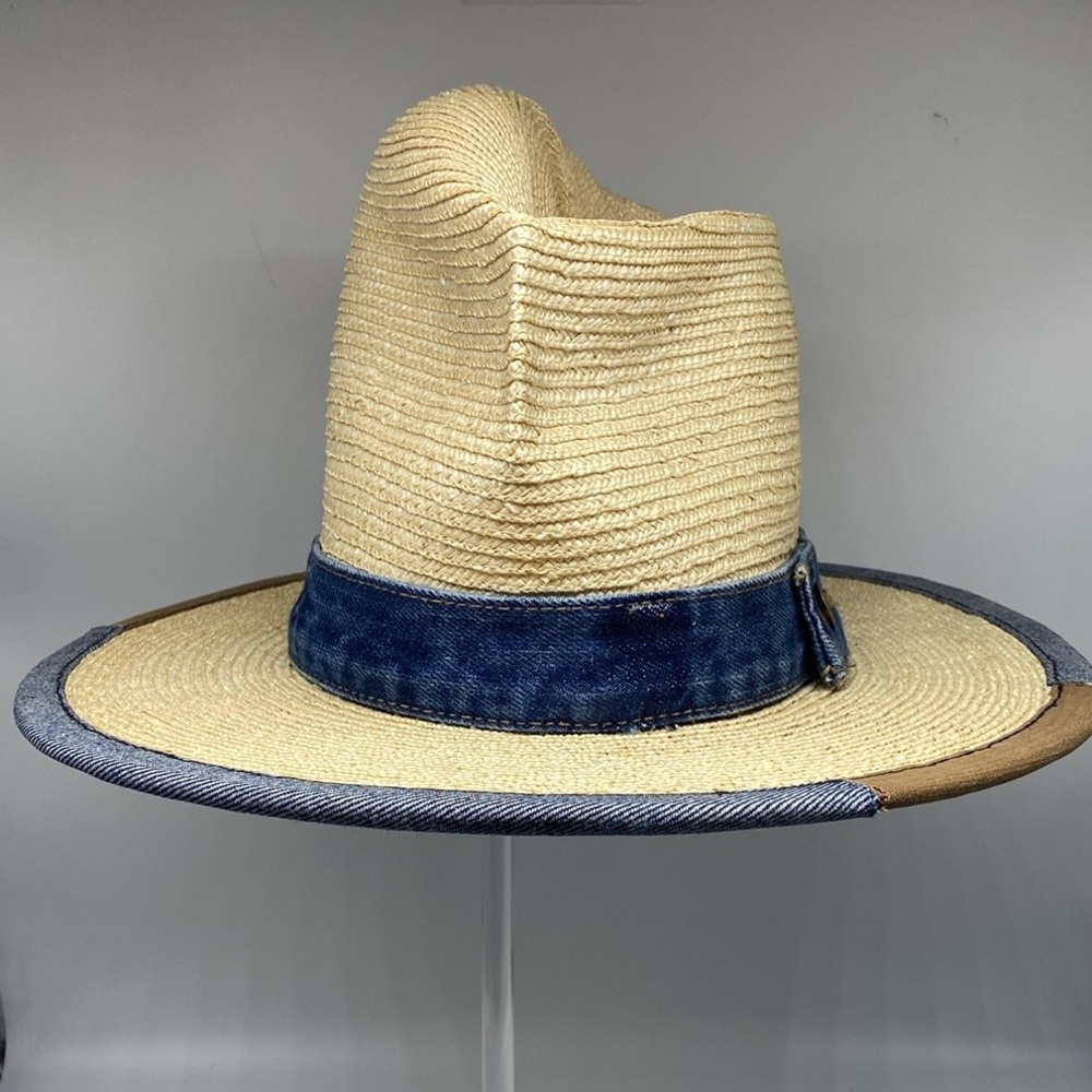 Stylish Straw Hat with Denim Trim